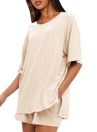 Darong Women Fashion Lounge Sets Summer Outfits T-Shirt Top and Shorts Set 2 Piece Matching Tracksuit 9121 Beige M - Image 1