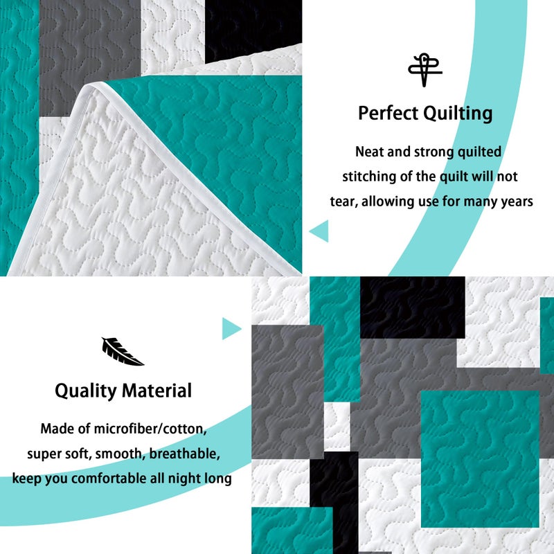 Tyrot 3 Piece Teal/Turquoise Quilt Set Full/Queen Size Black Grey Geometric Reversible Bedding Set Microfiber Lightweight Bedspread Coverlet with 2 Shams Modern Bed Covers for All Season, 90''x96'' - Image 4