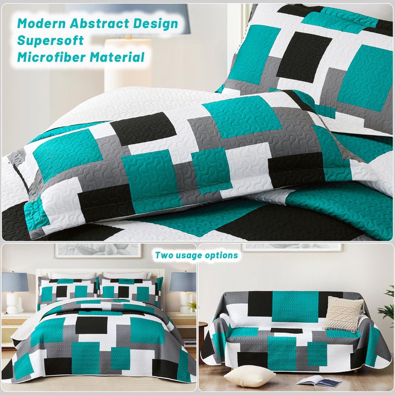 Tyrot 3 Piece Teal/Turquoise Quilt Set Full/Queen Size Black Grey Geometric Reversible Bedding Set Microfiber Lightweight Bedspread Coverlet with 2 Shams Modern Bed Covers for All Season, 90''x96'' - Image 3
