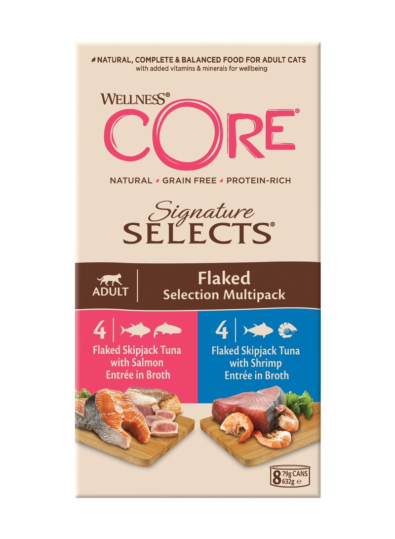 ويلنس كور طعام قطط رطب للقطط البالغة - علبة مكونة من 8 قطع بوزن 79 جرام x4 تونة السكيبجاك مع السالمون 4x تونة السكيبجاك مع الروبيان - طعام قطط رطب خالي من الحبوب - اكل قطط غني بالبروتين للقطط البالغة - Image 1