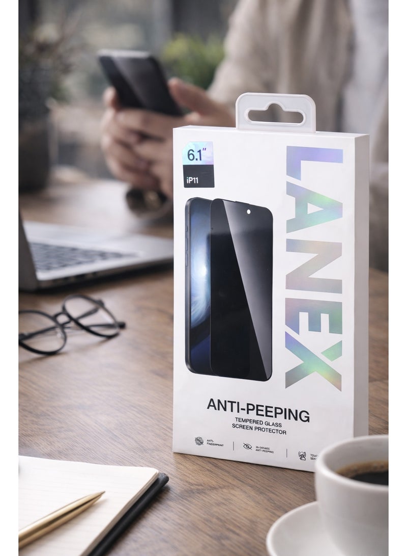 لانيكس شاشة حماية زجاج مقسى للخصوصية (ضد التبصم) لهاتف ايفون 11 (6.1 بوصة) من لانيكس (Lanex) - أسود - Image 4