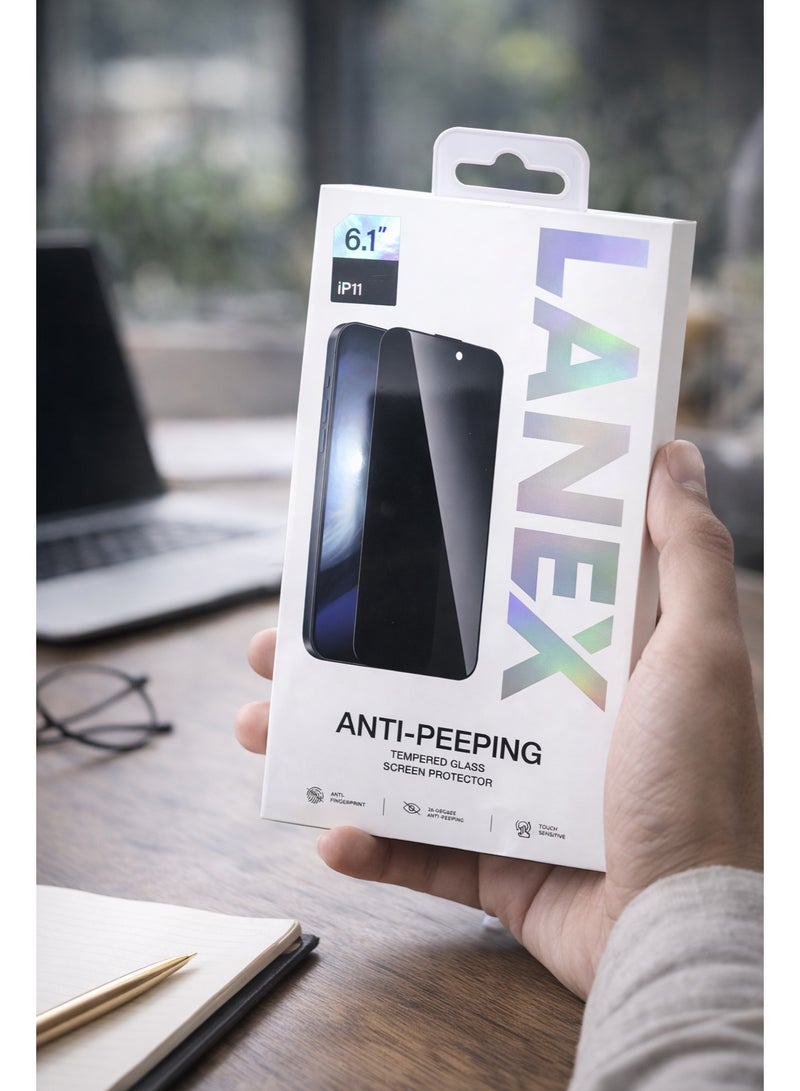 لانيكس شاشة حماية زجاج مقسى للخصوصية (ضد التبصم) لهاتف ايفون 11 (6.1 بوصة) من لانيكس (Lanex) - أسود - Image 5