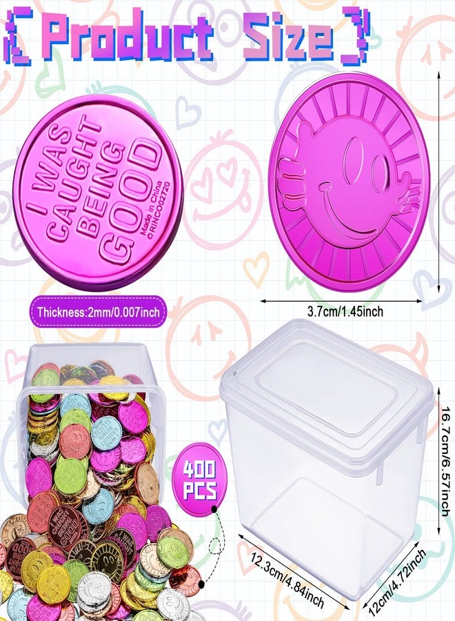Leitee 400 Pcs Caught Being Good Tokens Good Behavior Bulk Incentive Coins Reward Coins Kid Smile Face Colored Plastic Token with Clear Box for Student Reward Classmate Prizes School Teacher Props - Image 2