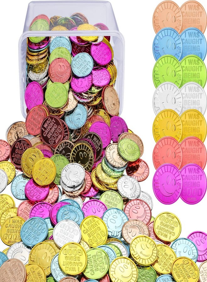 Leitee 400 Pcs Caught Being Good Tokens Good Behavior Bulk Incentive Coins Reward Coins Kid Smile Face Colored Plastic Token with Clear Box for Student Reward Classmate Prizes School Teacher Props - Image 1