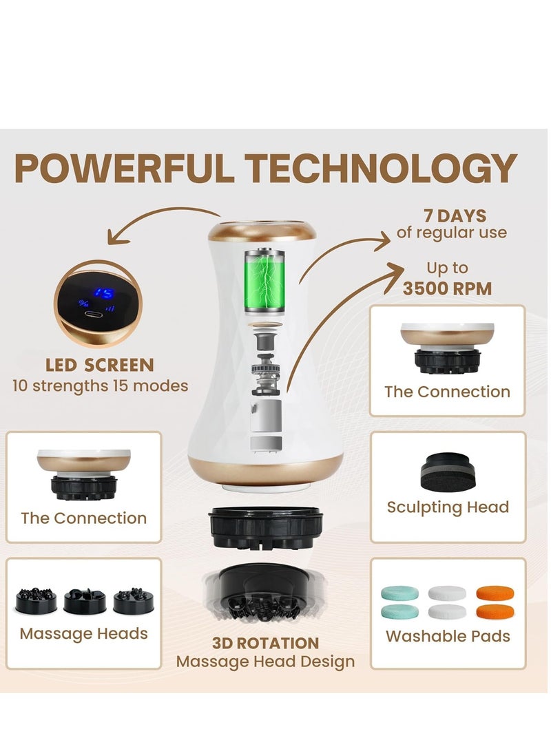 SYOSI 4 in 1 Upgraded Cordless Cellulite Massager, Body Sculpting Machine LED Display 10 Intensity Levels 12 Massage Modes 3 Massage Heads 3 Washable Pads, for Abdomen Waist Arms Legs Stomach, White - Image 4