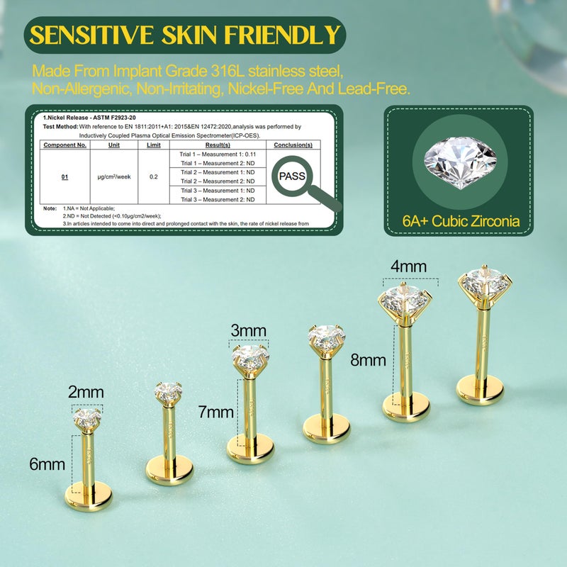 GEMQUEEN Flat Back Earrings Hypoallergenic - 14K Gold Filled Threadless Studs 20G Cartilage Helix Tragus Conch Piercing Jewelry Labret Lip Nose Rings 316L Stainless Steel Earring Set for Women Men - Image 2