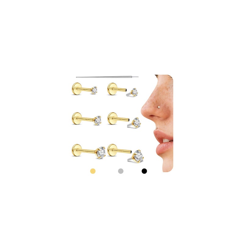 GEMQUEEN Flat Back Earrings Hypoallergenic - 14K Gold Filled Threadless Studs 20G Cartilage Helix Tragus Conch Piercing Jewelry Labret Lip Nose Rings 316L Stainless Steel Earring Set for Women Men - Image 1