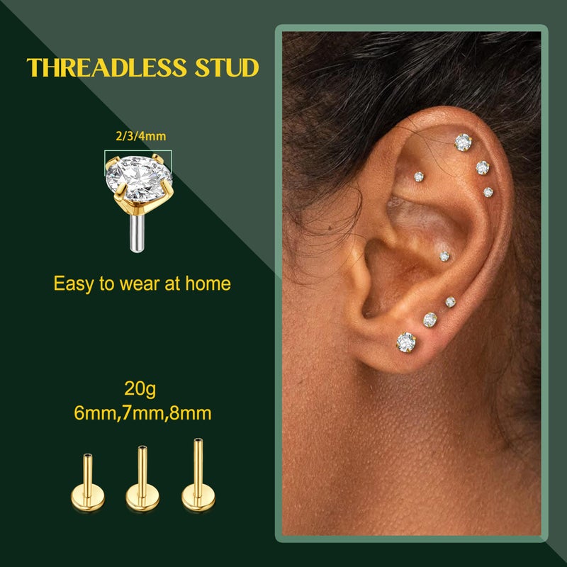 GEMQUEEN Flat Back Earrings Hypoallergenic - 14K Gold Filled Threadless Studs 20G Cartilage Helix Tragus Conch Piercing Jewelry Labret Lip Nose Rings 316L Stainless Steel Earring Set for Women Men - Image 5