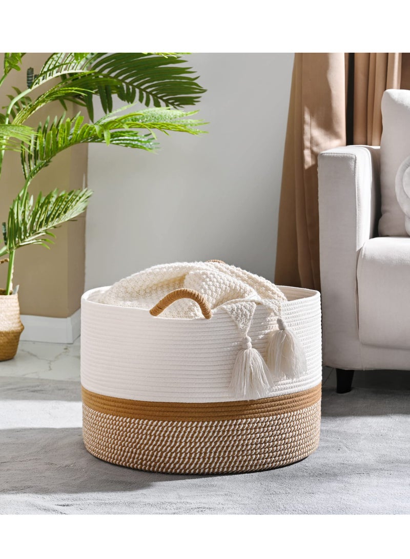 Bukela Large Blanket Basket (20"x13"),Woven Baskets for storage Baby Laundry Hamper, Cotton Rope Blanket Basket for Living Room, Laundry, Nursery, Pillows, Baby Toy chest (White/Brown) - Image 1