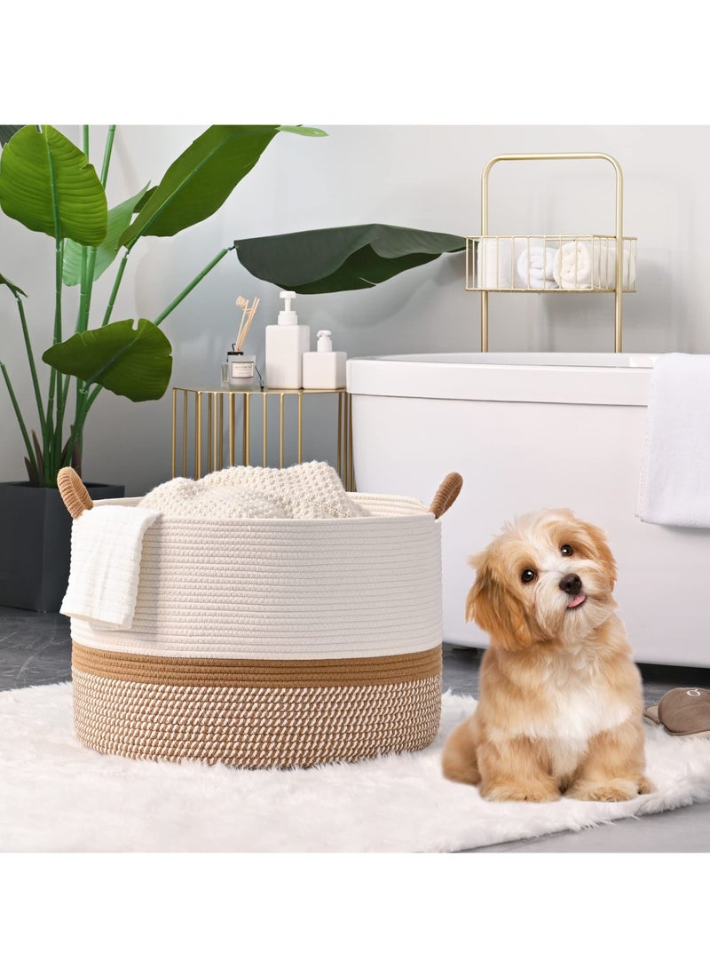 Bukela Large Blanket Basket (20"x13"),Woven Baskets for storage Baby Laundry Hamper, Cotton Rope Blanket Basket for Living Room, Laundry, Nursery, Pillows, Baby Toy chest (White/Brown) - Image 2