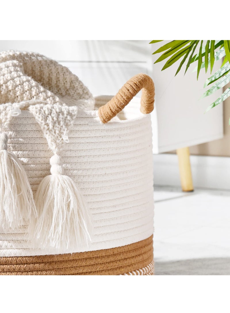 Bukela Large Blanket Basket (20"x13"),Woven Baskets for storage Baby Laundry Hamper, Cotton Rope Blanket Basket for Living Room, Laundry, Nursery, Pillows, Baby Toy chest (White/Brown) - Image 3