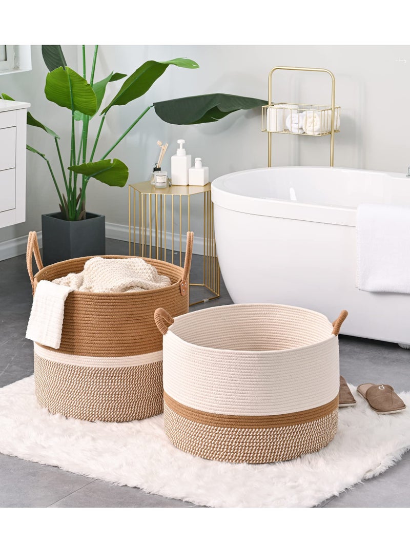 Bukela Large Blanket Basket (20"x13"),Woven Baskets for storage Baby Laundry Hamper, Cotton Rope Blanket Basket for Living Room, Laundry, Nursery, Pillows, Baby Toy chest (White/Brown) - Image 4