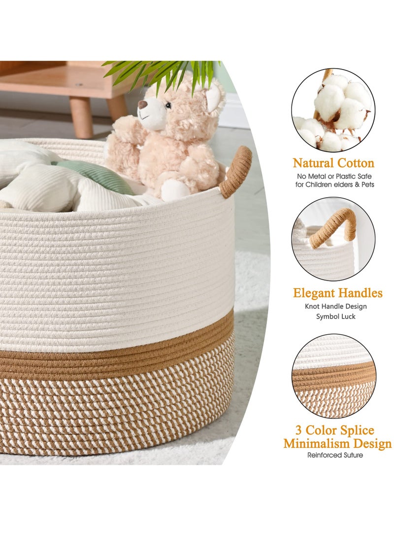 Bukela Large Blanket Basket (20"x13"),Woven Baskets for storage Baby Laundry Hamper, Cotton Rope Blanket Basket for Living Room, Laundry, Nursery, Pillows, Baby Toy chest (White/Brown) - Image 5
