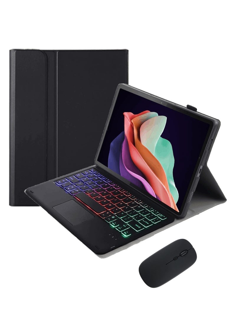 اووكاي حافظة لوحة مفاتيح لمس باللغتين العربية والإنجليزية، متوافقة مع جهاز لينوفو آيديا تاب برو 2025 مقاس 12.7 بوصة، مزودة بماوس بلوتوث، وغطاء مغناطيسي قابل للإزالة بلوحة مفاتيح لاسلكية ملونة بإضاءة خلفية (أسود). - Image 1