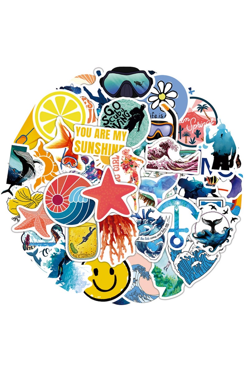 قوس قزح أورينبو 50 قطعة من ملصقات الغوص في المحيط، ملصقات عصرية غير متكررة، سلاحف، حوت، أمواج، أسماك، نجم البحر، شمس، ملصقات كمبيوتر محمول مقاومة للماء - Image 1