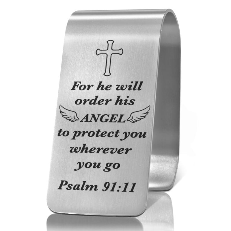 XQLZY for He Will Order His Angels to Protect You Engraved Stainless Steel Car Visor Clip Wherever You Go Psalm 9111 Inspirational Guardian Angel Safe Driving Gifts for Family Friend Driver - Image 3