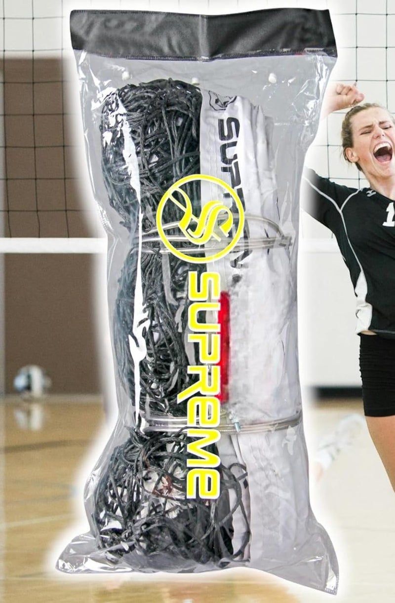 SUPREME Volleyball Net M*Plus with Iron Wire for Regular Play Tournament Qlty. Volleyball Net (Black, White). (Pack of 01) - Image 1
