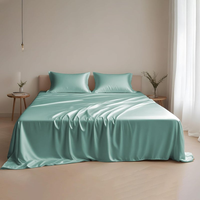 LINENWALAS 100% Eucalyptus Tencel Sheets King Size - Cooling Super Breathable Woven-Lyocell Silk Soft Deep Pocket 16" Anti Pilling 4Pc Sheets Set (King, Aqua) - Image 1