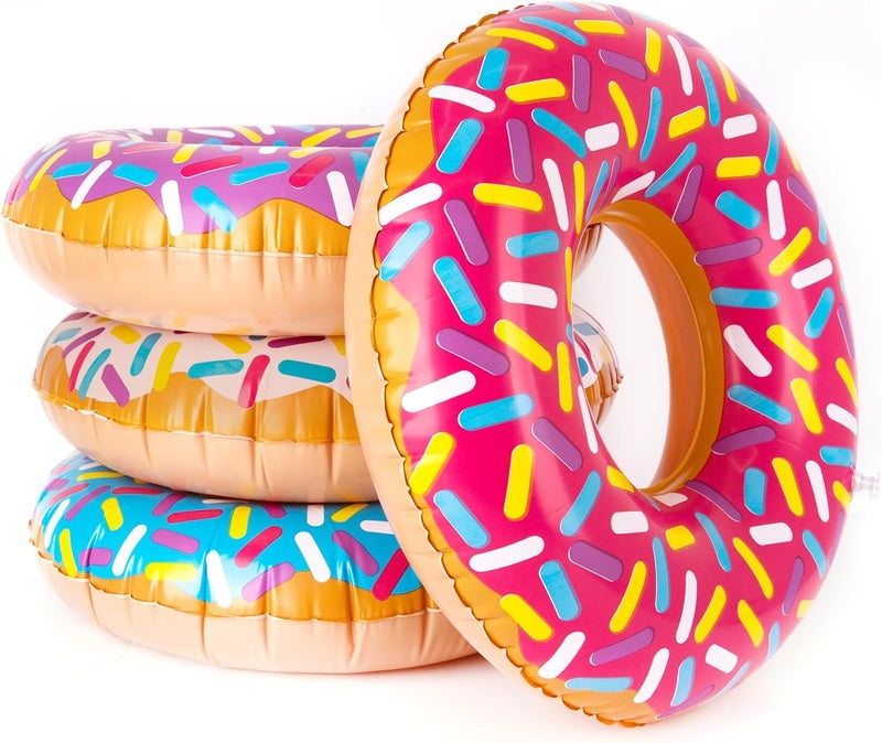 Art Creativity Inflatable Donut Pool Float for Kids (Pack of 4) - Colorful Sprinkle Tube in Assorted Designs for Summer, Beach, and Birthday Party Decorations - Image 1