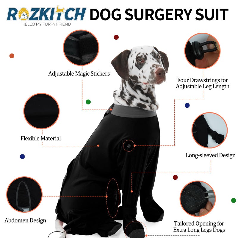 ROZKITCH Dog Surgical Recovery Suit, Soft Onesie for Surgery with Legs Neuter, Long Sleeve for Post-Operative Wounds, Prevent Licking & Shedding for Large Dogs (Male/Female) 4-Leg Black XL - Image 2