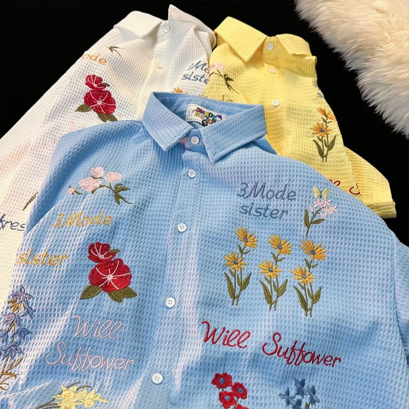 Japanese Style Fresh Style Men'S And Women'S Half Sleeve Lapel Niche Design Shirt Colorful Flower Youth Popular - Image 5