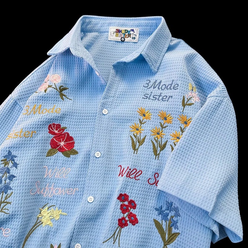 Japanese Style Fresh Style Men'S And Women'S Half Sleeve Lapel Niche Design Shirt Colorful Flower Youth Popular - Image 1