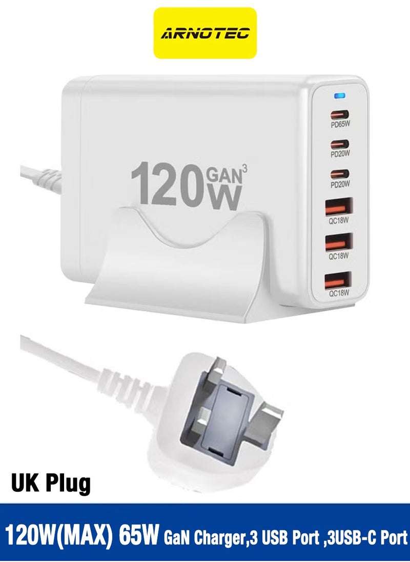 ARNOTEC USB C Charging Station 120W  Compact 6 Port USB C Charging Station, Portable USB C Wall Charger Adapter With 3 USB-C + 3 USB-A, 65W Port for MacBook IOS, Galaxy  - Image 1