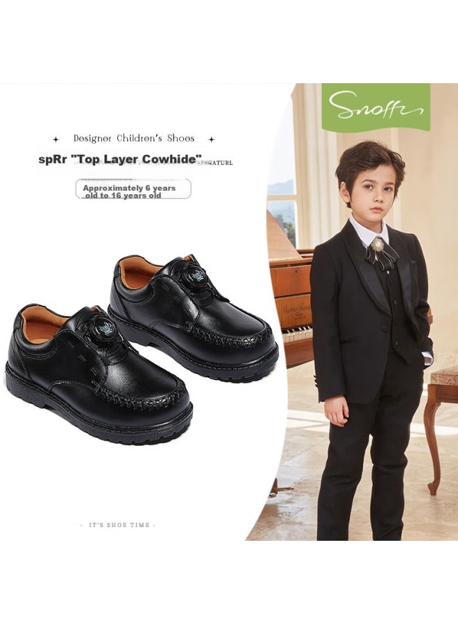 Snoffy Children's Leather Shoes Spring Boys' Black Leather Shoes With Rotary Buckle, School Performance Shoes, Comfortable Formal Shoes, Academy Black Size 40 - Image 1
