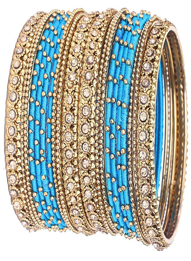 ZULKA Get your traditions Metal with Zircon Gemstone and Silk Thread Worked and Ball Chain Linked Glossy Finished Bangle Set For Women and Girls, (Blue_2.2 Inches), Pack Of 20 Bangle Set - Image 1