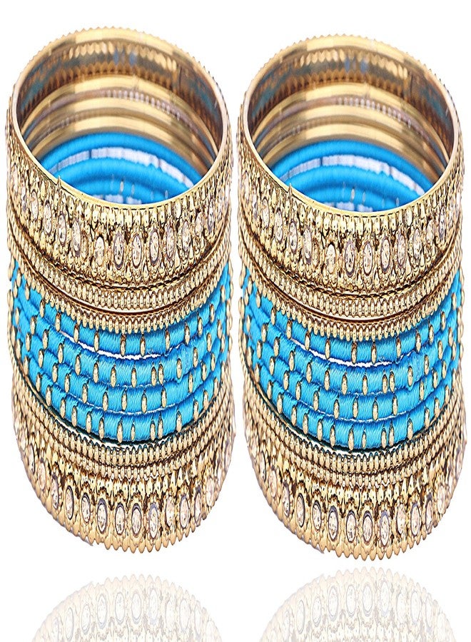 ZULKA Get your traditions Metal with Zircon Gemstone and Silk Thread Worked and Ball Chain Linked Glossy Finished Bangle Set For Women and Girls, (Blue_2.2 Inches), Pack Of 20 Bangle Set - Image 3