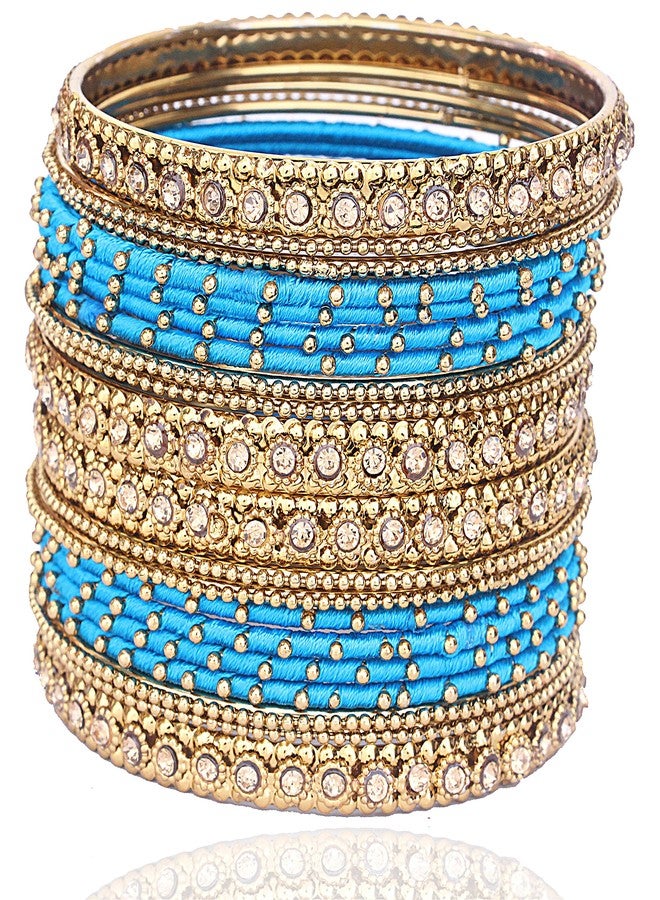 ZULKA Get your traditions Metal with Zircon Gemstone and Silk Thread Worked and Ball Chain Linked Glossy Finished Bangle Set For Women and Girls, (Blue_2.2 Inches), Pack Of 20 Bangle Set - Image 2