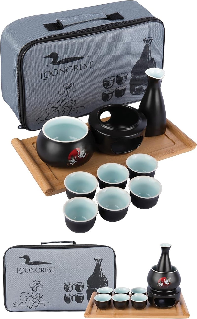LOONCREST Japanese Sake Cup Set with 6 Ceramic Cups, 1 Ceramic Sake Bottle, 1 Ceramic Sake Warmer, Bamboo Tray, and Cloth Carrying Case - Perfect Hot Sake Set for Authentic Japanese Experience - Image 1