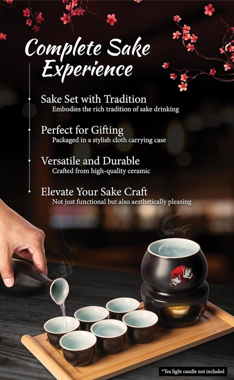LOONCREST Japanese Sake Cup Set with 6 Ceramic Cups, 1 Ceramic Sake Bottle, 1 Ceramic Sake Warmer, Bamboo Tray, and Cloth Carrying Case - Perfect Hot Sake Set for Authentic Japanese Experience - Image 2