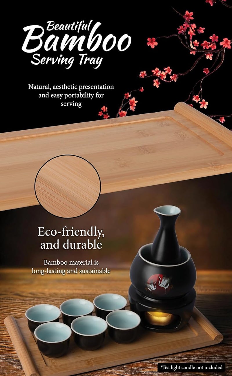 LOONCREST Japanese Sake Cup Set with 6 Ceramic Cups, 1 Ceramic Sake Bottle, 1 Ceramic Sake Warmer, Bamboo Tray, and Cloth Carrying Case - Perfect Hot Sake Set for Authentic Japanese Experience - Image 4