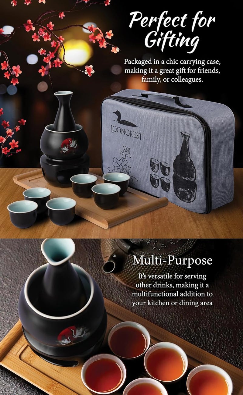 LOONCREST Japanese Sake Cup Set with 6 Ceramic Cups, 1 Ceramic Sake Bottle, 1 Ceramic Sake Warmer, Bamboo Tray, and Cloth Carrying Case - Perfect Hot Sake Set for Authentic Japanese Experience - Image 5