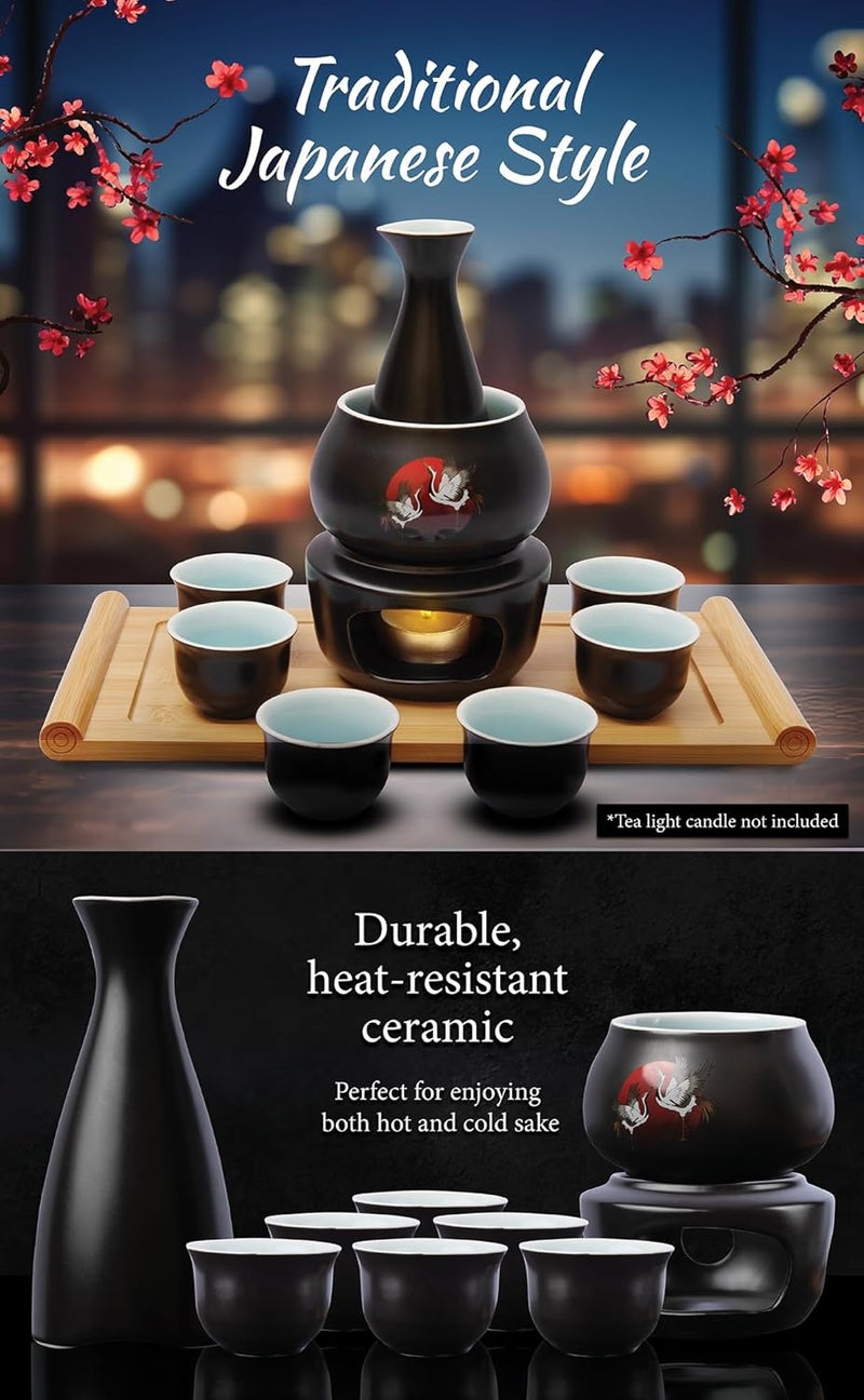 LOONCREST Japanese Sake Cup Set with 6 Ceramic Cups, 1 Ceramic Sake Bottle, 1 Ceramic Sake Warmer, Bamboo Tray, and Cloth Carrying Case - Perfect Hot Sake Set for Authentic Japanese Experience - Image 3