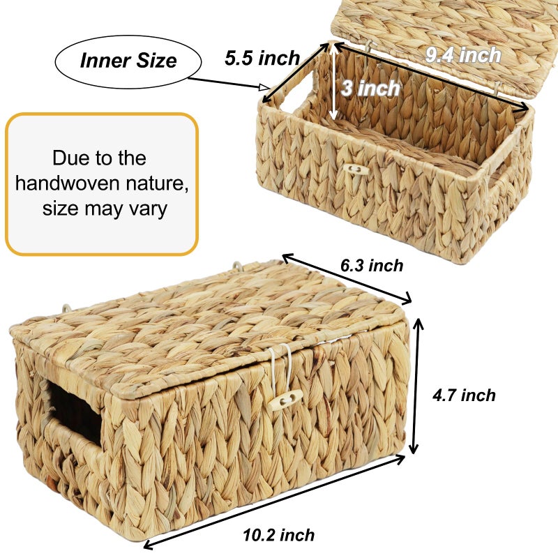 ORDELITE Small Wicker Basket with Lid, Natural Water Hyacinth Storage Baskets for Organizing, Rectangular Woven Basket for Storage, Decorative Boxes Bins with Lids and Built-in Handles (10.2" x 6.3" x 3.9") - Image 3