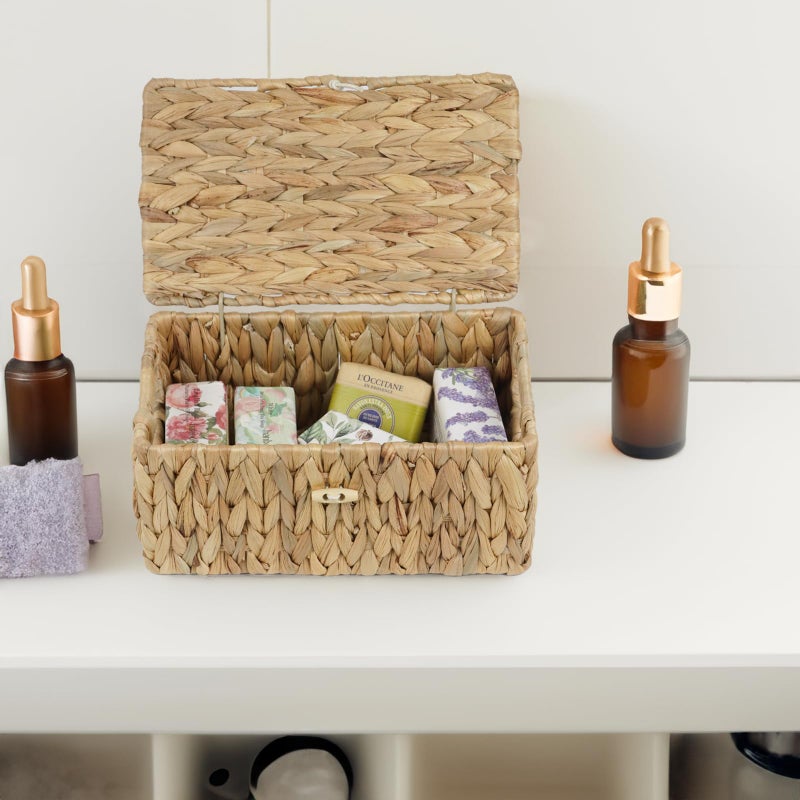 ORDELITE Small Wicker Basket with Lid, Natural Water Hyacinth Storage Baskets for Organizing, Rectangular Woven Basket for Storage, Decorative Boxes Bins with Lids and Built-in Handles (10.2" x 6.3" x 3.9") - Image 4