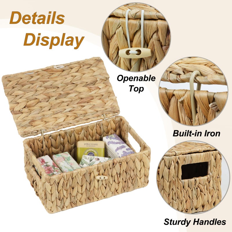 ORDELITE Small Wicker Basket with Lid, Natural Water Hyacinth Storage Baskets for Organizing, Rectangular Woven Basket for Storage, Decorative Boxes Bins with Lids and Built-in Handles (10.2" x 6.3" x 3.9") - Image 2