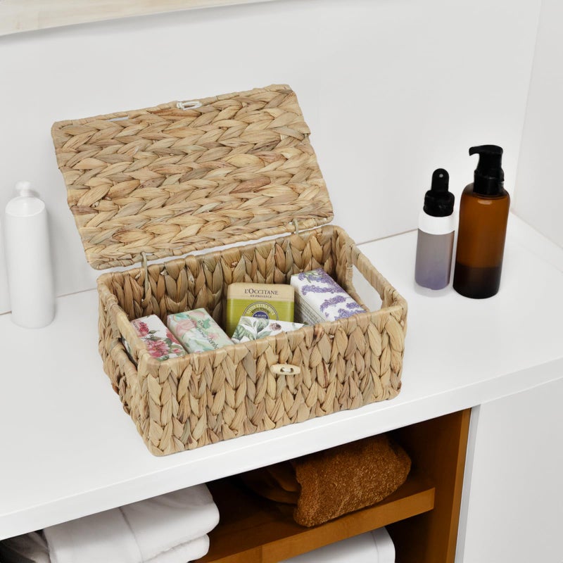 ORDELITE Small Wicker Basket with Lid, Natural Water Hyacinth Storage Baskets for Organizing, Rectangular Woven Basket for Storage, Decorative Boxes Bins with Lids and Built-in Handles (10.2" x 6.3" x 3.9") - Image 5