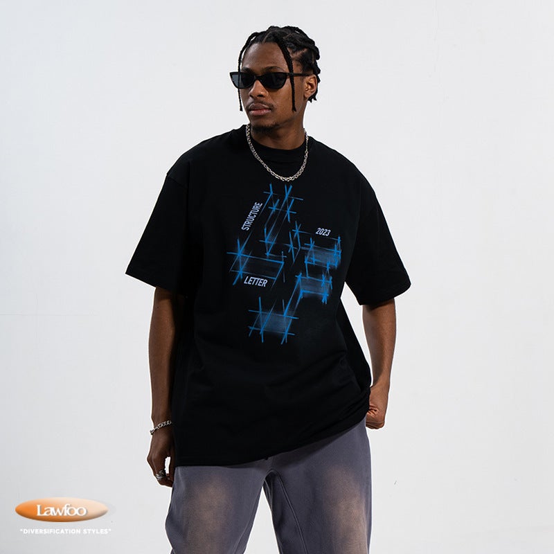 Lawfoo Spring/Summer National Tide Brand American Direct Jet Printing 240G Double Yarn Heavy Shoulder Loosen Couple T-Shirt Tide - Image 4