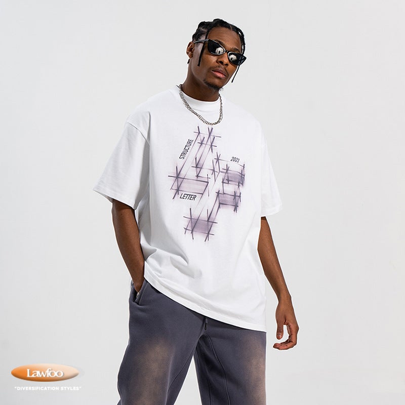 Lawfoo Spring/Summer National Tide Brand American Direct Jet Printing 240G Double Yarn Heavy Shoulder Loosen Couple T-Shirt Tide - Image 2