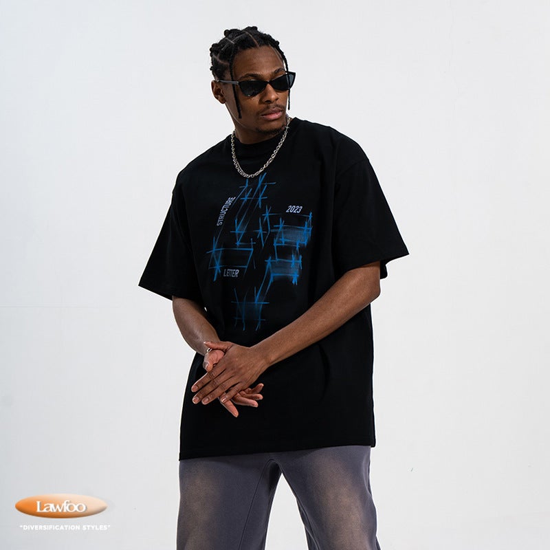 Lawfoo Spring/Summer National Tide Brand American Direct Jet Printing 240G Double Yarn Heavy Shoulder Loosen Couple T-Shirt Tide - Image 5