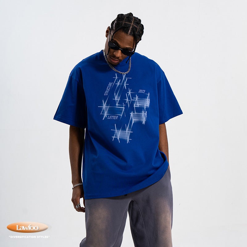 Lawfoo Spring/Summer National Tide Brand American Direct Jet Printing 240G Double Yarn Heavy Shoulder Loosen Couple T-Shirt Tide - Image 3