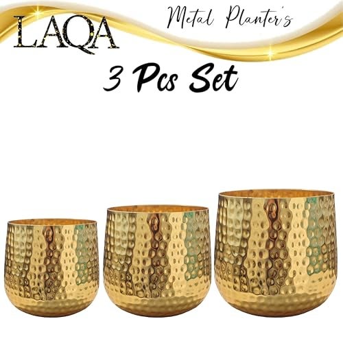 LAQA Aura Metal Planter Pots for Indoor Plants – Set of 3 Golden Electroplated Hammer Finish Pots in Different Sizes – Stylish Decorative Flower Vases for Living Room, Tabletop, Office & Home Décor - Image 3