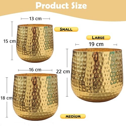 LAQA Aura Metal Planter Pots for Indoor Plants – Set of 3 Golden Electroplated Hammer Finish Pots in Different Sizes – Stylish Decorative Flower Vases for Living Room, Tabletop, Office & Home Décor - Image 4