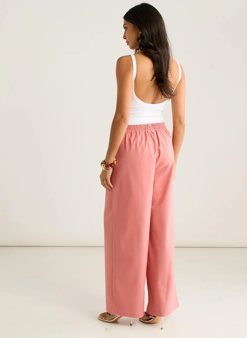 Gini London Coral Cotton and Linen Blend Wide Leg Trouser