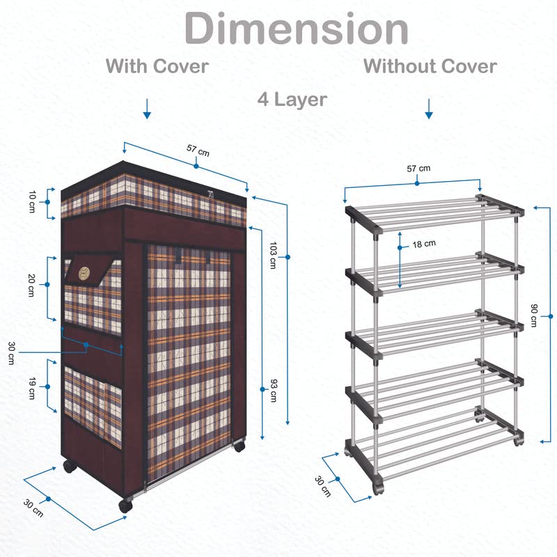 TRENDY Metal Multipurpose Foldable Shoe Rack For Home With Cover | 360 ° Rotating Wheels, Dustproof Zip Cover With Side And Zipper Top Pockets, 30 X 57 X 90 Cm - Image 3