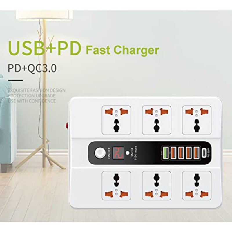 شريط طاقة لسطح المكتب مع 6 منافذ تيار متردد و5 منافذ USB بما في ذلك 1 PD، تصميم قابس مسطح، غطاء بلاستيكي ABS أسود، حجم صغير لاستخدام مساحة العمل، طول سلك 6 أقدام، حماية من زيادة التيار ومؤشرات LED - Image 3