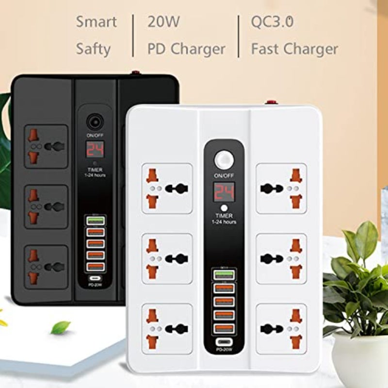 شريط طاقة لسطح المكتب مع 6 منافذ تيار متردد و5 منافذ USB بما في ذلك 1 PD، تصميم قابس مسطح، غطاء بلاستيكي ABS أسود، حجم صغير لاستخدام مساحة العمل، طول سلك 6 أقدام، حماية من زيادة التيار ومؤشرات LED - Image 2